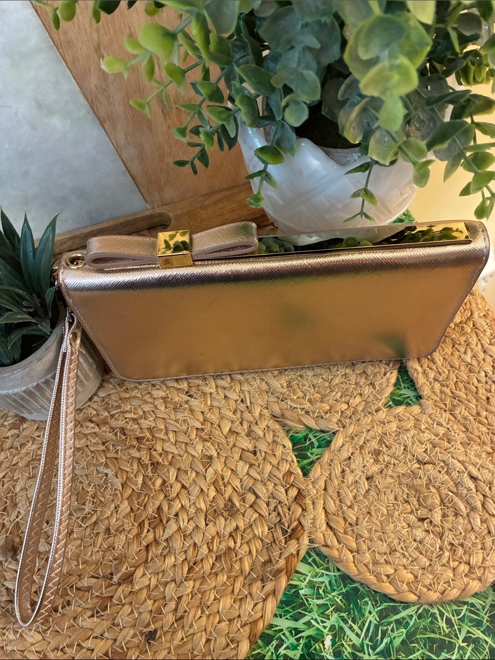Elegant Rose Gold Clutch with Bow Detail, NWOT